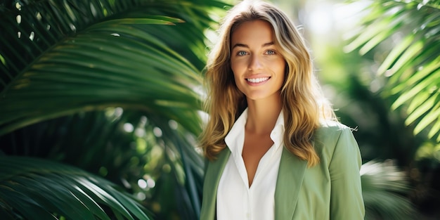 Bela atraente mulher de negócios mulher garota rosto retrato sorriso com fauna tropical verde