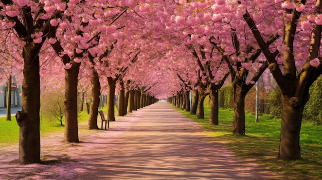 Bela avenida de cerejeiras em flor rosa em Holzwe