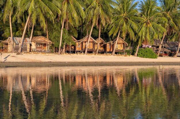 Bela baía com coqueiros e bangalôs de madeira que se refletem na água do mar. Praia de areia tropical, folha de palmeira verde e água do mar na ilha de Koh Phangan, Tailândia