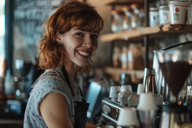 Bela barista e sorrindo enquanto trabalha atrás do balcão de um café