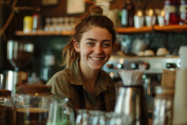 Bela barista e sorrindo enquanto trabalha atrás do balcão de um café