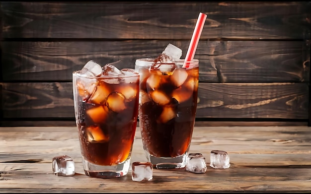 Bela bebida fria de cola com cubos de gelo com uma caldeira palhinhas em copos em fundo de madeira com espaço livre
