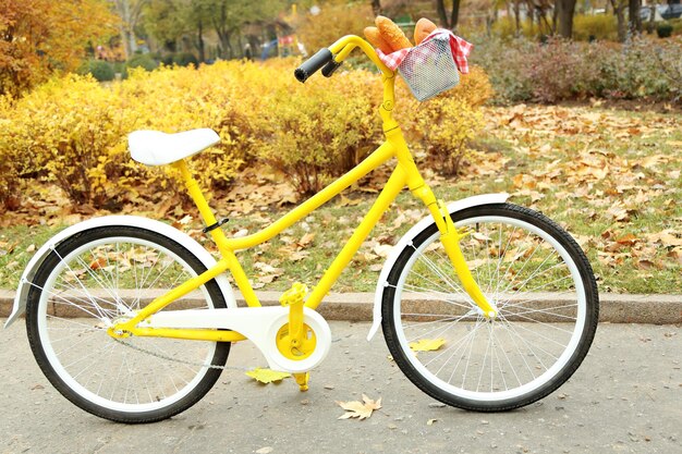 Foto bela bicicleta amarela no parque de outono com pão saboroso na cesta