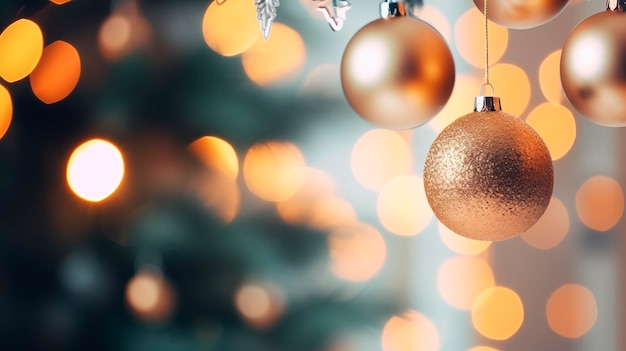 Bela bola de Natal dourada em um galho de árvore de Natal com fundo borrado com luzes