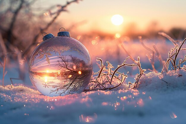 Foto bela bola de natal na neve na floresta de inverno ao pôr do sol