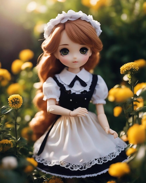 Bela boneca de empregada com vestido branco no jardim