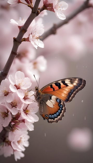 Bela borboleta em flor de cereja rosa