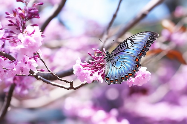 Foto bela borboleta no ramo de sakura