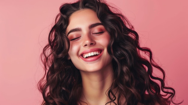 Bela bruneta rindo modelo menina com cabelos compridos e enrolados mulher sorridente penteado enrolados moda beleza e maquiagem retrato