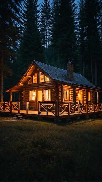 Bela cabana de madeira em uma clareira da floresta à noite brilho quente emanando das janelas co quente