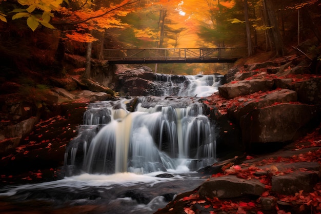 bela cachoeira caindo em cascata no outono