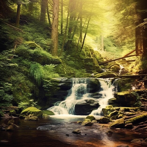 Foto bela cachoeira em floresta verde generativo ai