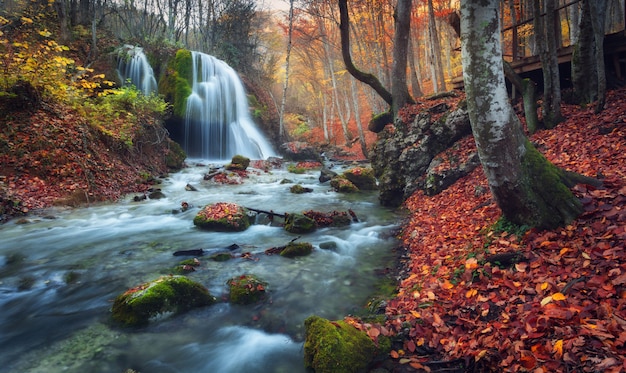 Bela cachoeira na floresta de outono nas montanhas da Crimeia ao pôr do sol