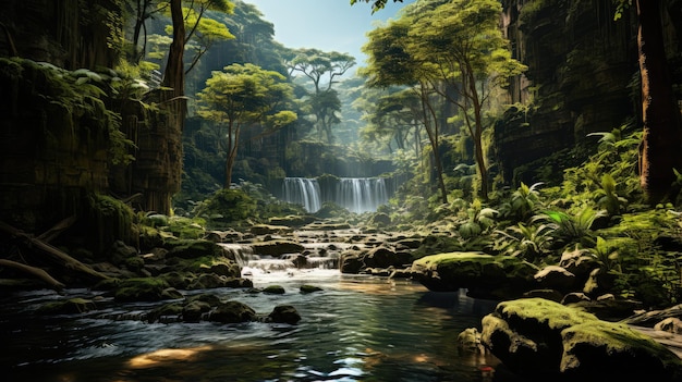 Foto bela cachoeira na floresta profunda