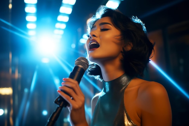Bela cantora asiática canta no palco em holofotes de luz azul