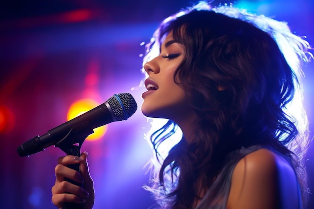 Bela cantora asiática canta no palco em holofotes de luz
