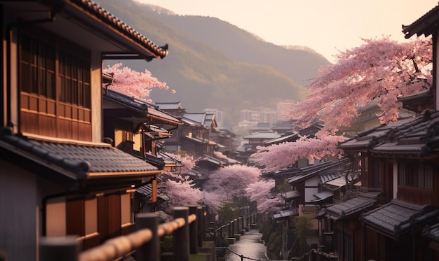 bela casa asiática com vista para colinas e flores de sakura