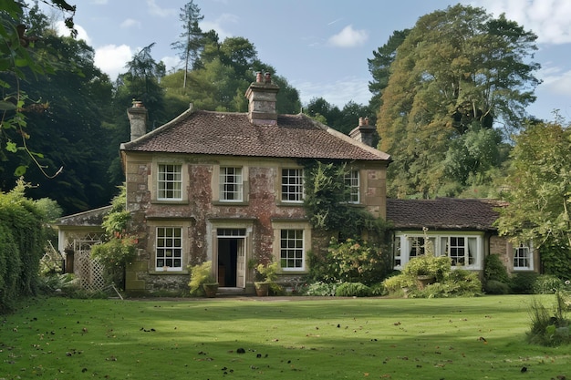 Bela casa de pedra com um jardim.