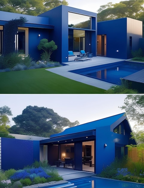 Bela casa ecológica na forma de um modelo minimalista e cor azul escuro