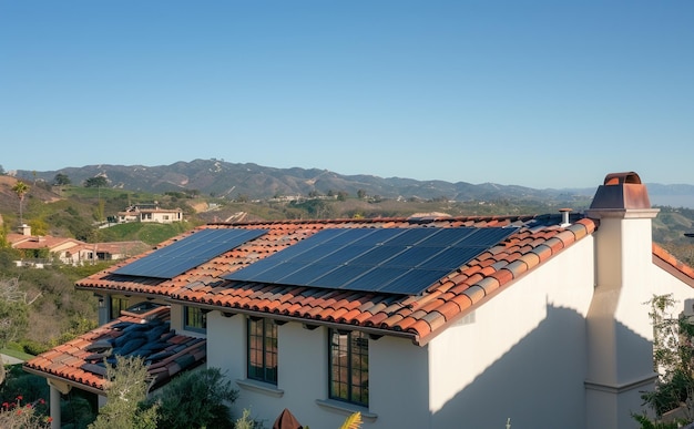 Foto bela casa em los angeles, califórnia, eua, com painéis solares para gerar energia limpa