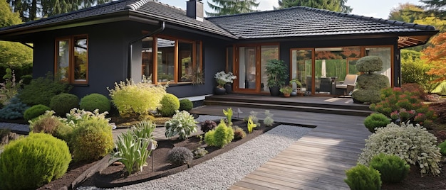 Bela casa suburbana com um caminho de madeira e grama em vasos em frente à porta de entrada