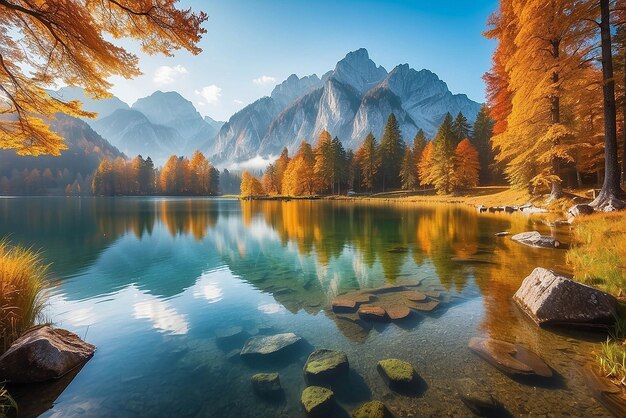Bela cena de outono do lago Hintersee Vista matinal colorida dos Alpes da Baviera na fronteira austríaca Alemanha Europa Beleza da natureza conceito de fundo