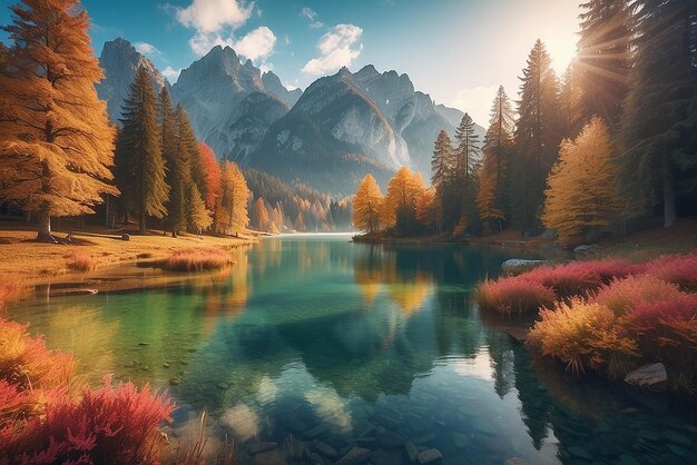 Foto bela cena de outono do lago hintersee vista matinal colorida dos alpes da baviera na fronteira austríaca alemanha europa beleza da natureza conceito de fundo
