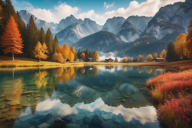 Bela cena de outono do lago Hintersee Vista matinal colorida dos Alpes da Baviera na fronteira austríaca Alemanha Europa Beleza da natureza conceito de fundo