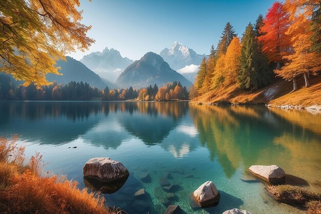 Bela cena de outono do lago Hintersee Vista matinal colorida dos Alpes da Baviera na fronteira austríaca Alemanha Europa Beleza da natureza conceito de fundo