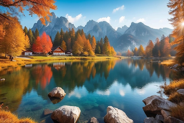 Bela cena de outono do lago Hintersee Vista matinal colorida dos Alpes da Baviera na fronteira austríaca Alemanha Europa Beleza da natureza conceito de fundo