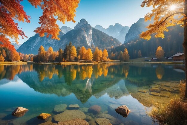 Bela cena de outono do lago Hintersee Vista matinal colorida dos Alpes da Baviera na fronteira austríaca Alemanha Europa Beleza da natureza conceito de fundo