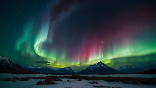 Bela cena de paisagem com Aurora Borealis e Via Láctea sobre montanhas refletidas na água de volta