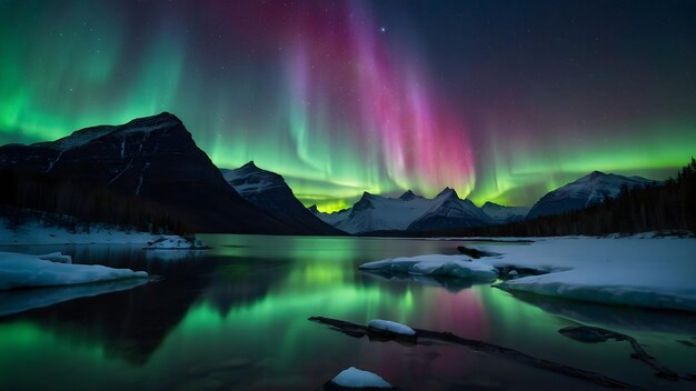 Bela cena de paisagem com Aurora Borealis e Via Láctea sobre montanhas refletidas na água de volta