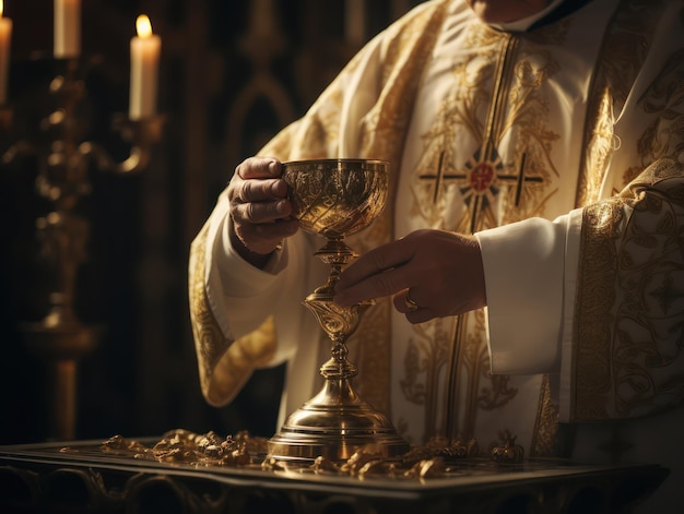 Bela cena litúrgica padre segurando cálice de ouro fundo de luz suave quente Eucaristia