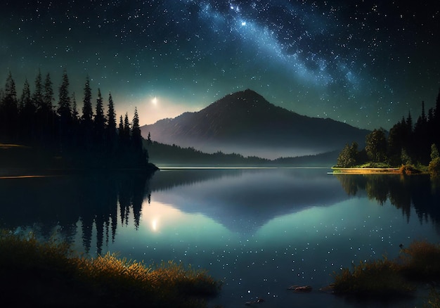 bela cena noturna de um lago calmo ilustração hiper realista