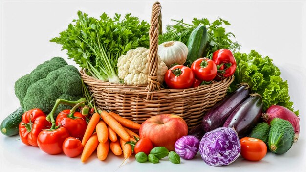 Foto bela cesta de vime com vegetais em fundo branco tomates pepinos repolho