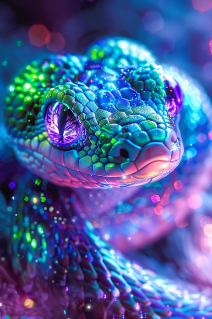 Foto bela cobra chique com olhos coloridos brilhantes com destaques de néon de alta qualidade