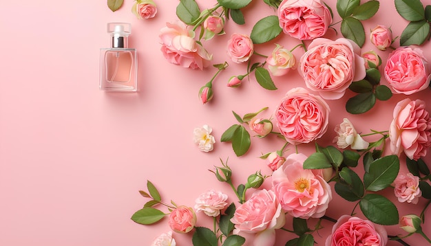 Bela composição com garrafa de perfume e flores de rosa em fundo rosa