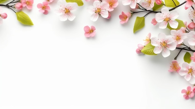 Bela composição de flores e folhas da primavera em fundo branco com espaço de cópia Ai generativo