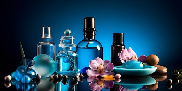 Bela composição de spa em fundo azul Produtos cosméticos naturais para a pele gerados por IA