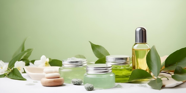 Bela composição de spa em fundo verde claro Produtos cosméticos naturais para a pele gerados por IA