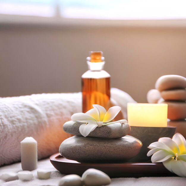 bela composição de spa na mesa de massagem no centro de bem-estar