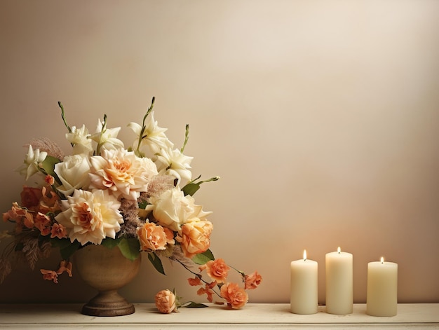 Foto bela composição floral bouquet em vaso vintage na mesa com velas