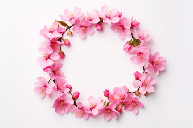 bela composição floral plana coroa de flores cor-de-rosa em um fundo branco vista superior
