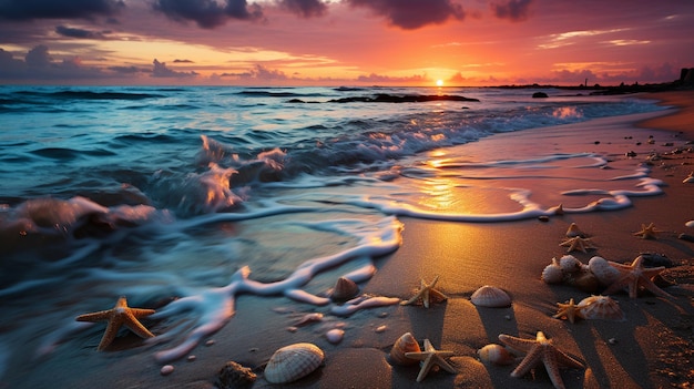 Foto bela costa do mar ao pôr-do-sol