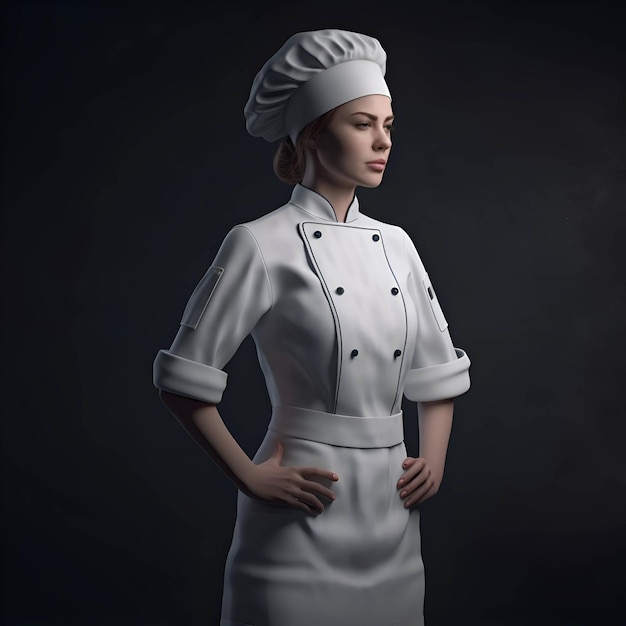 Bela cozinheira de uniforme branco e chapéu posando em fundo escuro