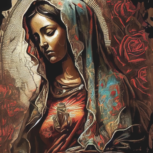 Bela dama de guadalupe méxico ilustração santa santa fé cartaz estilo serigrafia vintage