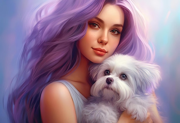 bela dama segurando um cachorrinho com cabelo comprido no estilo de cinza claro e roxo