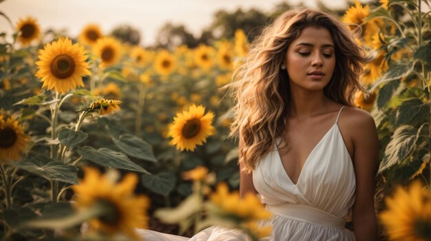 bela dama usando vestido branco no campo de girassol