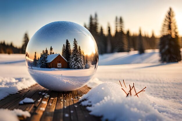 Foto bela decoração de bola de natal brilhante em fundo nevado